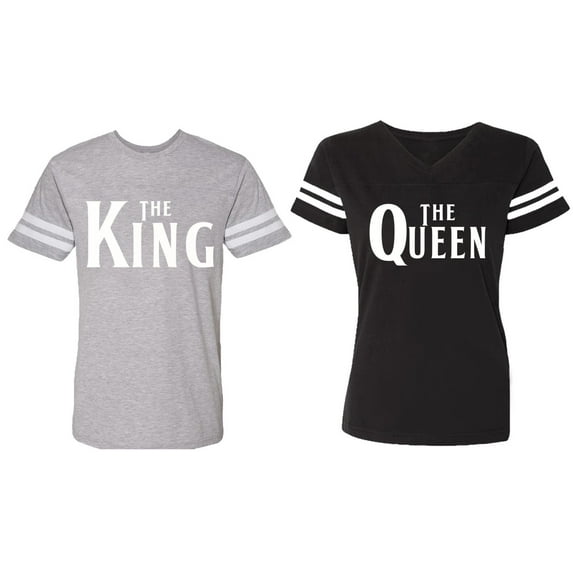 The King The Queen Matching Couple Cotton Jerseys (Men Heather / Women Black) (Men S / Women S)