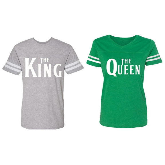 The King The Queen Matching Couple Cotton Jerseys (Men Heather / Women Green) (Men M / Women M)