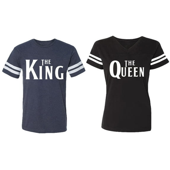 The King The Queen Matching Couple Cotton Jerseys (Men Navy / Women Black) (Men L / Women M)