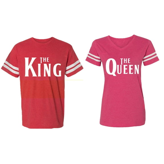 The King The Queen Matching Couple Cotton Jerseys (Men Red / Women Pink) (Men XXL / Women M)