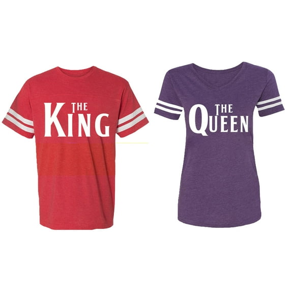 The King The Queen Matching Couple Cotton Jerseys (Men Red / Women Purple) (Men L / Women XXL)