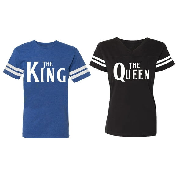 The King The Queen Matching Couple Cotton Jerseys (Men Royal / Women Black) (Men XXL / Women S)