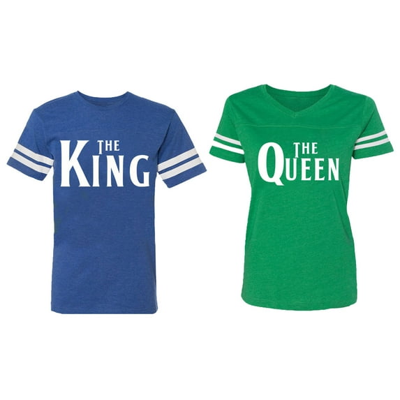 The King The Queen Matching Couple Cotton Jerseys (Men Royal / Women Green) (Men M / Women S)