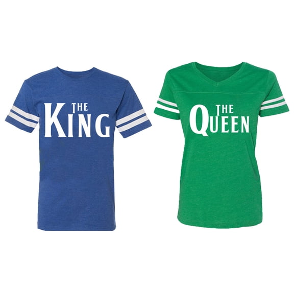 The King The Queen Matching Couple Cotton Jerseys (Men Royal / Women Green) (Men S / Women XL)