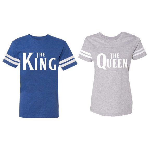 The King The Queen Matching Couple Cotton Jerseys (Men Royal / Women Heather) (Men M / Women XL)