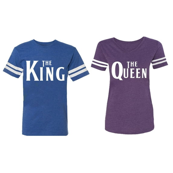 The King The Queen Matching Couple Cotton Jerseys (Men Royal / Women Purple) (Men XXL / Women M)