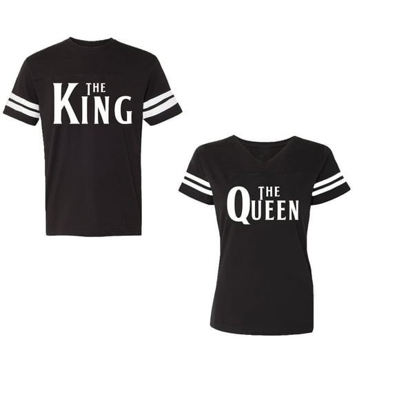 The King The Queen Unisex Couple Matching Cotton Jersey style T-Shirt Contrasting stripes on sleeves (Men Black / Women Black) (Men S / Women S)
