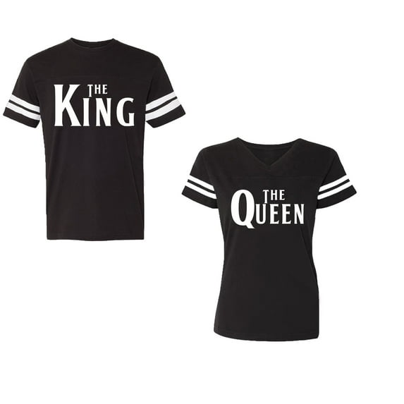 The King The Queen Unisex Couple Matching Cotton Jersey style T-Shirt Contrasting stripes on sleeves (Men Black / Women Black) (Men XXL / Women XL)