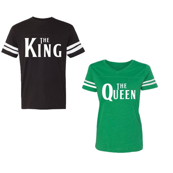 The King The Queen Unisex Couple Matching Cotton Jersey style T-Shirt Contrasting stripes on sleeves (Men Black / Women Green) (Men XL / Women L)