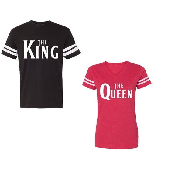 The King The Queen Unisex Couple Matching Cotton Jersey style T-Shirt Contrasting stripes on sleeves (Men Black / Women Red) (Men XL / Women L)