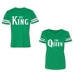 thumbnail image 1 of The King The Queen Unisex Couple Matching Cotton Jersey style T-Shirt Contrasting stripes on sleeves (Men Green / Women Green) (Men XXXL / Women XXL), 1 of 3