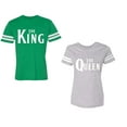 thumbnail image 1 of The King The Queen Unisex Couple Matching Cotton Jersey style T-Shirt Contrasting stripes on sleeves (Men Green / Women Heather) (Men XL / Women S), 1 of 3