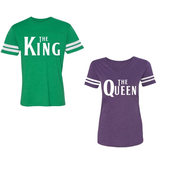 The King The Queen Unisex Couple Matching Cotton Jersey style T-Shirt Contrasting stripes on sleeves (Men Green / Women Purple) (Men L / Women M)