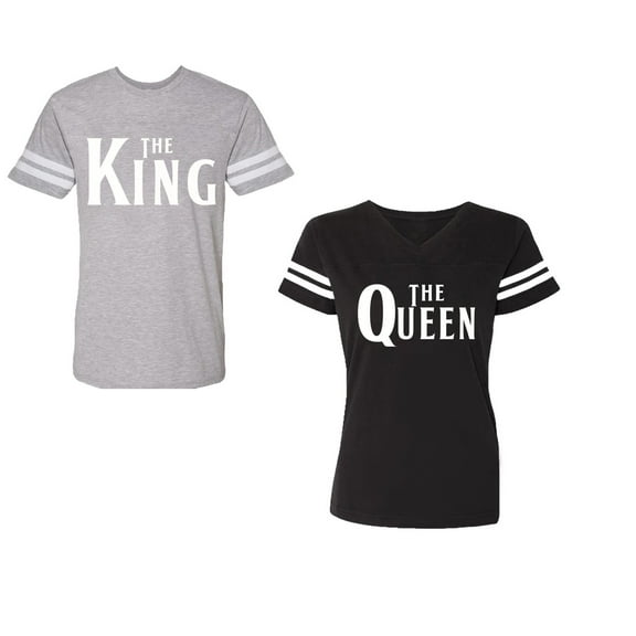 The King The Queen Unisex Couple Matching Cotton Jersey style T-Shirt Contrasting stripes on sleeves (Men Heather / Women Black) (Men S / Women S)