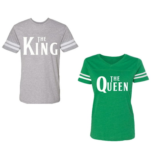 The King The Queen Unisex Couple Matching Cotton Jersey style T-Shirt Contrasting stripes on sleeves (Men Heather / Women Green) (Men L / Women XL)