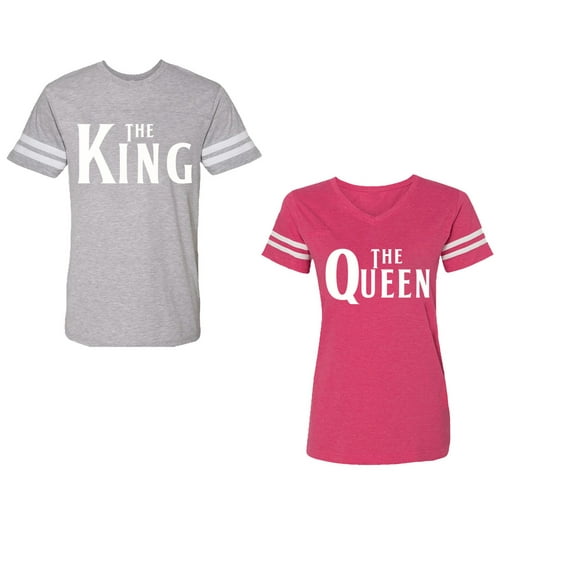 The King The Queen Unisex Couple Matching Cotton Jersey style T-Shirt Contrasting stripes on sleeves (Men Heather / Women Pink) (Men L / Women XL)