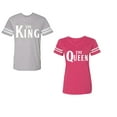 thumbnail image 1 of The King The Queen Unisex Couple Matching Cotton Jersey style T-Shirt Contrasting stripes on sleeves (Men Heather / Women Pink) (Men S / Women XXL), 1 of 3