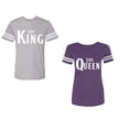 thumbnail image 1 of The King The Queen Unisex Couple Matching Cotton Jersey style T-Shirt Contrasting stripes on sleeves (Men Heather / Women Purple) (Men XL / Women S), 1 of 3