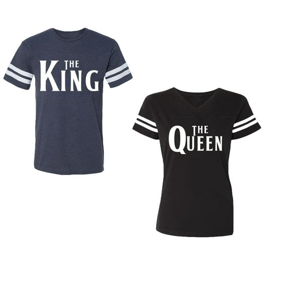 The King The Queen Unisex Couple Matching Cotton Jersey style T-Shirt Contrasting stripes on sleeves (Men Navy / Women Black) (Men S / Women S)