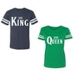 thumbnail image 1 of The King The Queen Unisex Couple Matching Cotton Jersey style T-Shirt Contrasting stripes on sleeves (Men Navy / Women Green) (Men L / Women S), 1 of 3