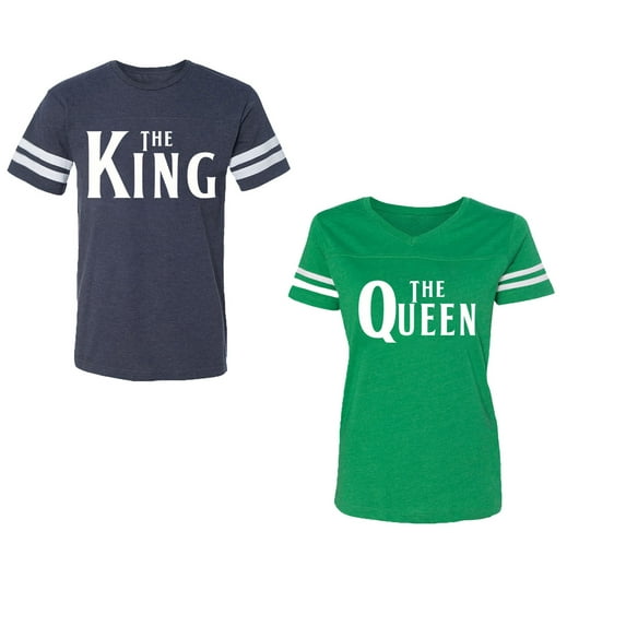 The King The Queen Unisex Couple Matching Cotton Jersey style T-Shirt Contrasting stripes on sleeves (Men Navy / Women Green) (Men S / Women XL)