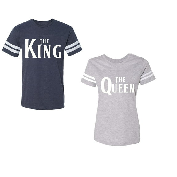 The King The Queen Unisex Couple Matching Cotton Jersey style T-Shirt Contrasting stripes on sleeves (Men Navy / Women Heather) (Men M / Women M)