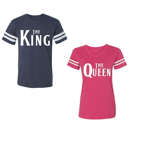 The King The Queen Unisex Couple Matching Cotton Jersey style T-Shirt Contrasting stripes on sleeves (Men Navy / Women Pink) (Men XXL / Women M)
