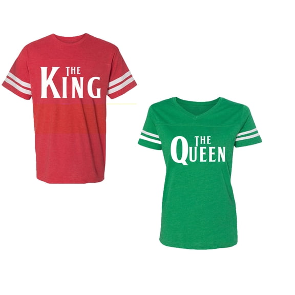 The King The Queen Unisex Couple Matching Cotton Jersey style T-Shirt Contrasting stripes on sleeves (Men Red / Women Green) (Men L / Women XXL)