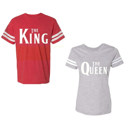 The King The Queen Unisex Couple Matching Cotton Jersey style T-Shirt Contrasting stripes on sleeves (Men Red / Women Heather) (Men XXL / Women M)