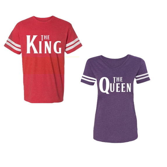 The King The Queen Unisex Couple Matching Cotton Jersey style T-Shirt Contrasting stripes on sleeves (Men Red / Women Purple) (Men M / Women XXL)