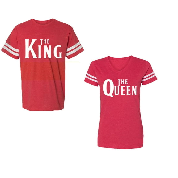 The King The Queen Unisex Couple Matching Cotton Jersey style T-Shirt Contrasting stripes on sleeves (Men Red / Women Red) (Men L / Women XL)