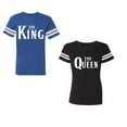 thumbnail image 1 of The King The Queen Unisex Couple Matching Cotton Jersey style T-Shirt Contrasting stripes on sleeves (Men Royal / Women Black) (Men S / Women XL), 1 of 3