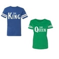 thumbnail image 1 of The King The Queen Unisex Couple Matching Cotton Jersey style T-Shirt Contrasting stripes on sleeves (Men Royal / Women Green) (Men XL / Women S), 1 of 3