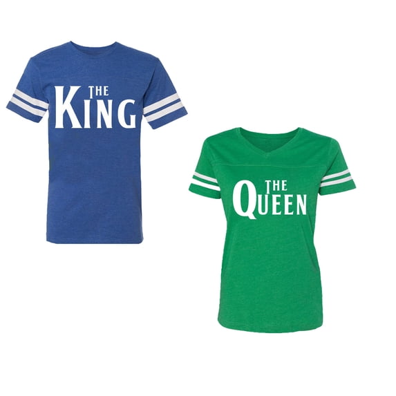The King The Queen Unisex Couple Matching Cotton Jersey style T-Shirt Contrasting stripes on sleeves (Men Royal / Women Green) (Men XL / Women S)