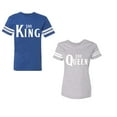 thumbnail image 1 of The King The Queen Unisex Couple Matching Cotton Jersey style T-Shirt Contrasting stripes on sleeves (Men Royal / Women Heather) (Men S / Women M), 1 of 3