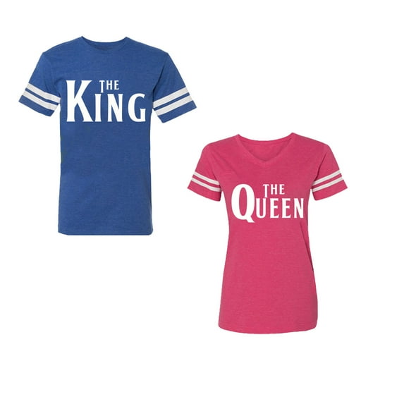 The King The Queen Unisex Couple Matching Cotton Jersey style T-Shirt Contrasting stripes on sleeves (Men Royal / Women Pink) (Men L / Women M)