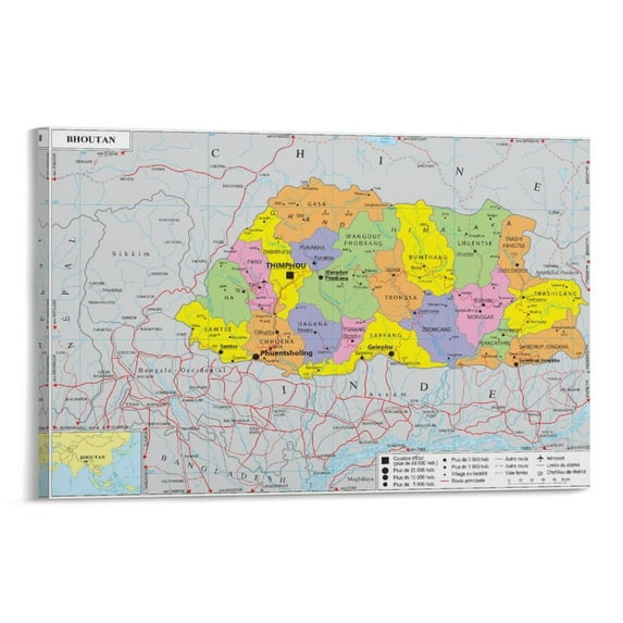The Kingdom of Bhutan Map Posters Print Photo Art Painting Canvas Poster Home Decorative Bedroom Modern Decor Posters Gifts 24x36inch(60x90cm)