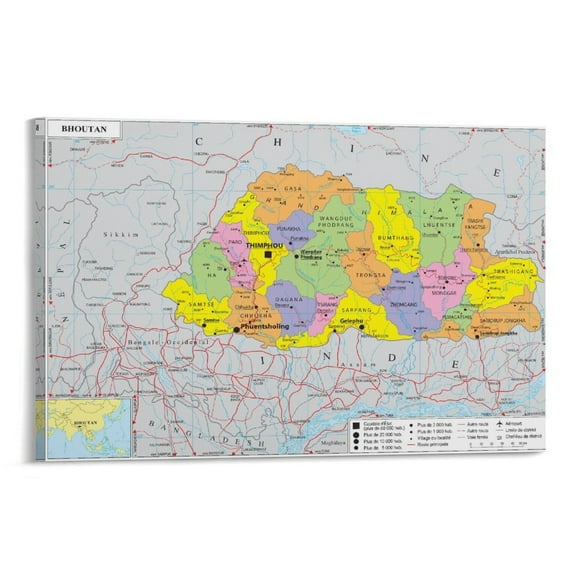 The Kingdom of Bhutan Map Posters Print Photo Art Painting Canvas Poster Home Decorative Bedroom Modern Decor Posters Gifts 24x36inch(60x90cm)