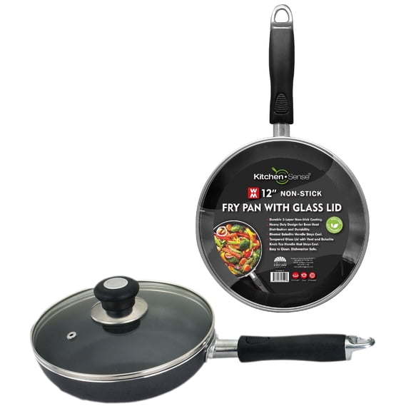 American Dream Home Goods 12-Inch Non Stick Pan, PFOA-Free Aluminum Frying Pan with Tempered Glass Lid, Black