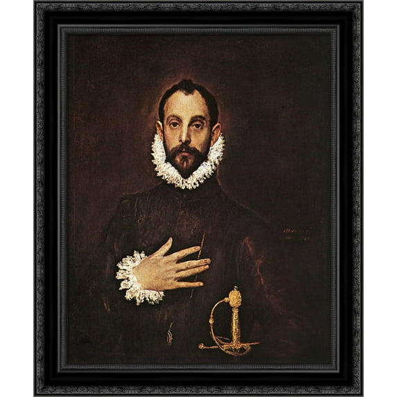 The Knight with His Hand on His Breast 20x23 Black Ornate Wood Framed Canvas Art by El Greco