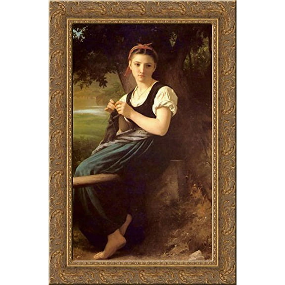 The Knitting Girl 24x16 Gold Ornate Wood Framed Canvas Art by William-Adolphe Bouguereau