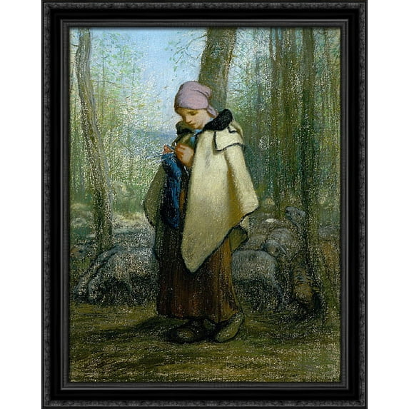 The Knitting Shepherdess 28x36 Large Black Ornate Wood Framed Canvas Art by Jean Francois Millet
