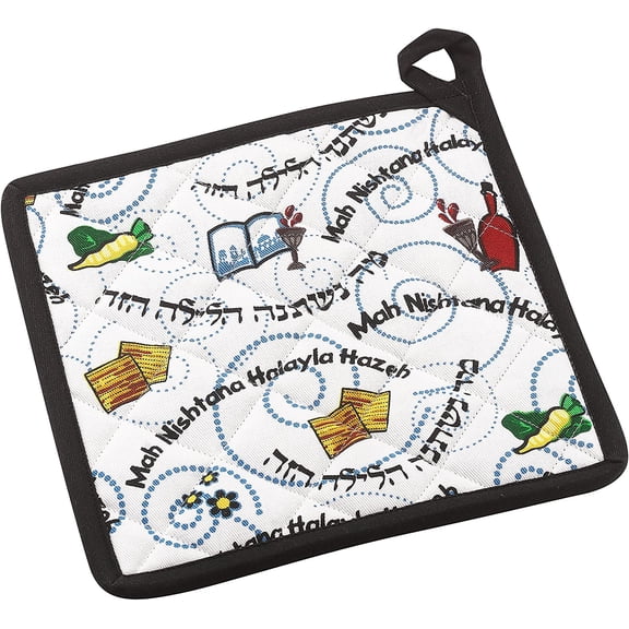 The Kosher Cook, Passover Seder Pesach Ma Nishtana Design Pot Holder - 100% Cotton