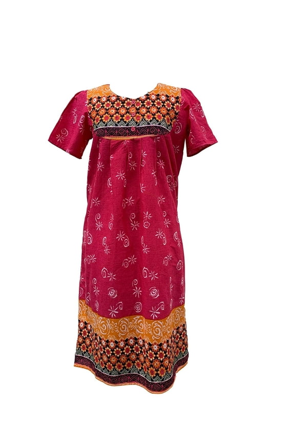 Multi-Color Border Print Muu Muu Lounge Dress with 3 Button Bib Yoke​ | Loungees