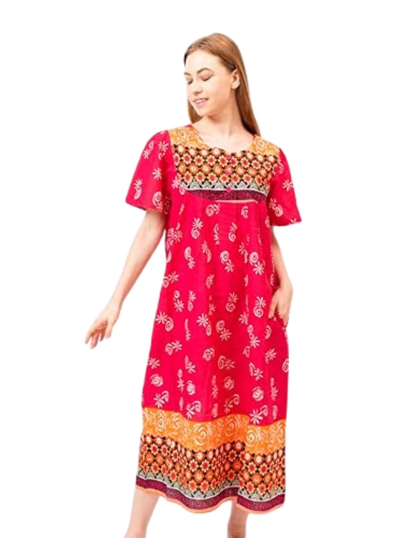 Loungees Multi-Color Border Print Muu Muu Lounge Dress with 3