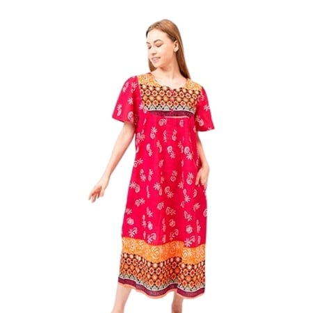 Loungees Multi-Color Border Print Muu Muu Lounge Dress with 3 Button Bib Yoke | Loungees price history and forecast - Loungees