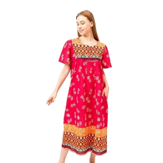 Loungees Multi-Color Border Print Muu Muu Lounge Dress with 3 Button Bib Yoke | Loungees