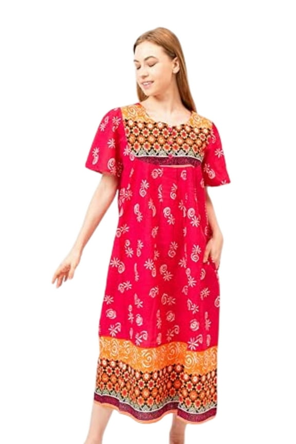 Multi-Color Border Print Muu Muu Lounge Dress with 3 Button Bib Yoke | Loungees
