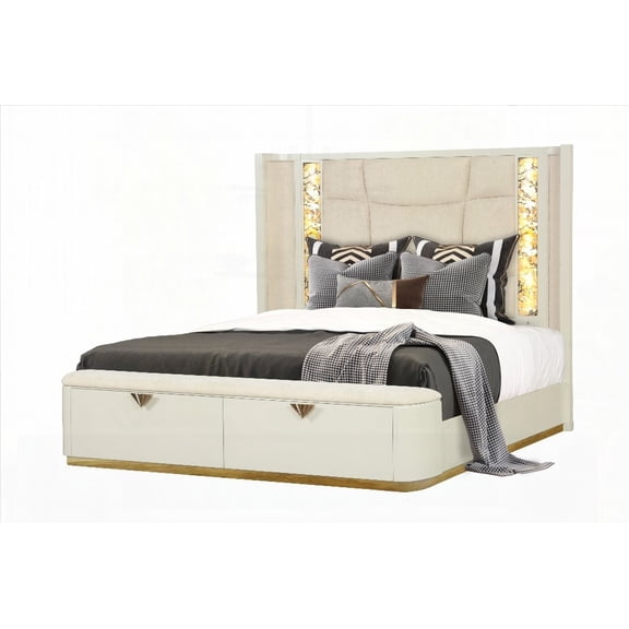The La Pierre Modern Queen Upholstered Bed in Beige, Featuring Wood, Storage Drawers & Gold Accents