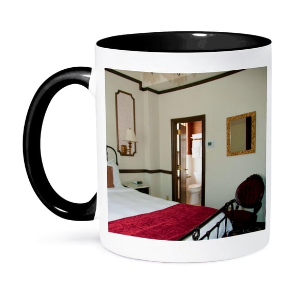 3dRose, The lady in red room in the Mizpah hotel that is said to be haunted, 15oz Two-Tone Black Mug